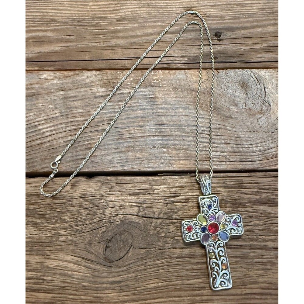 Sterling Silver 925 Necklace w/ Cross Charm Colorful Stones